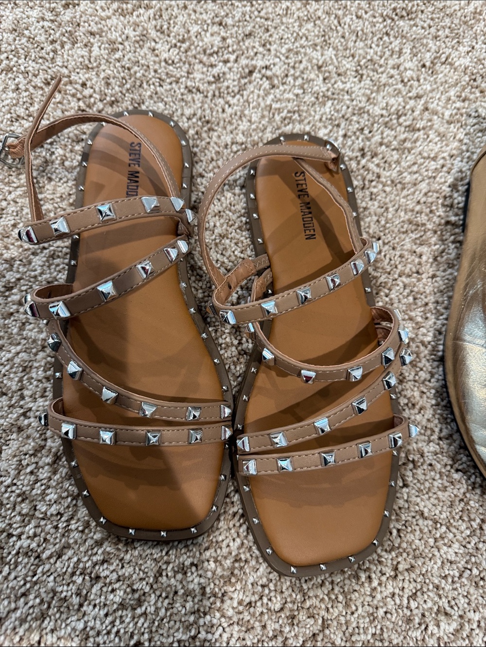 Steve Madden Tan Pyramid-Stud Multi-Strap Sandals